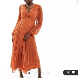 ASOS DESIGN pleated bodice plunge neck midi dress in rust